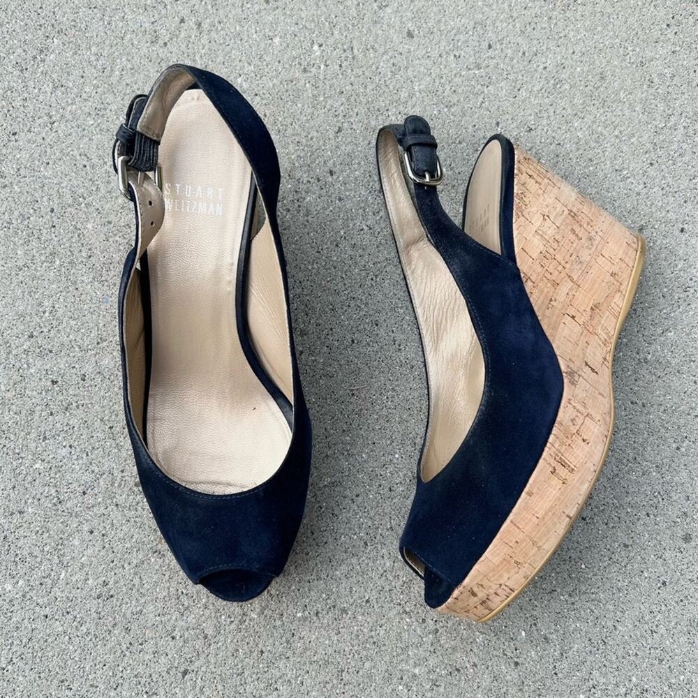 Stuart Weitzman "Jean" Peep Toe Wedges Blue Nice Suede